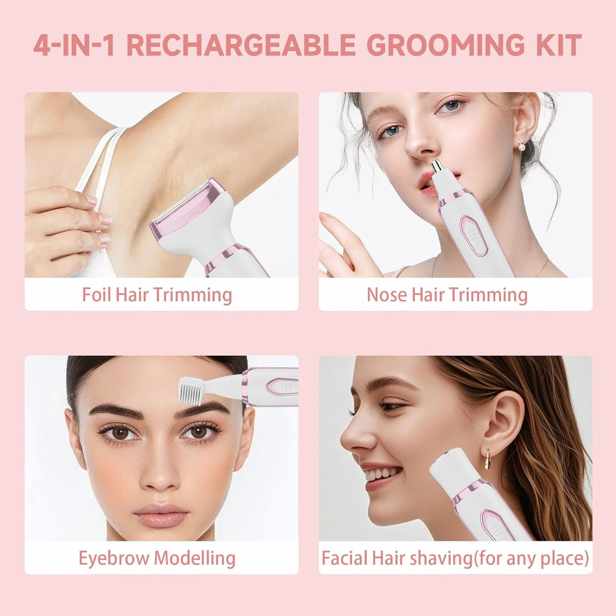 Electric Razors Shaver for Women Painless 4 in1 Women Shaver Cordless Rechargeable Facial Eyebrow Razors & Nose Hair Trimmer Lips Body Bikini Trimmer for Womens Grooming Kit 3028 White