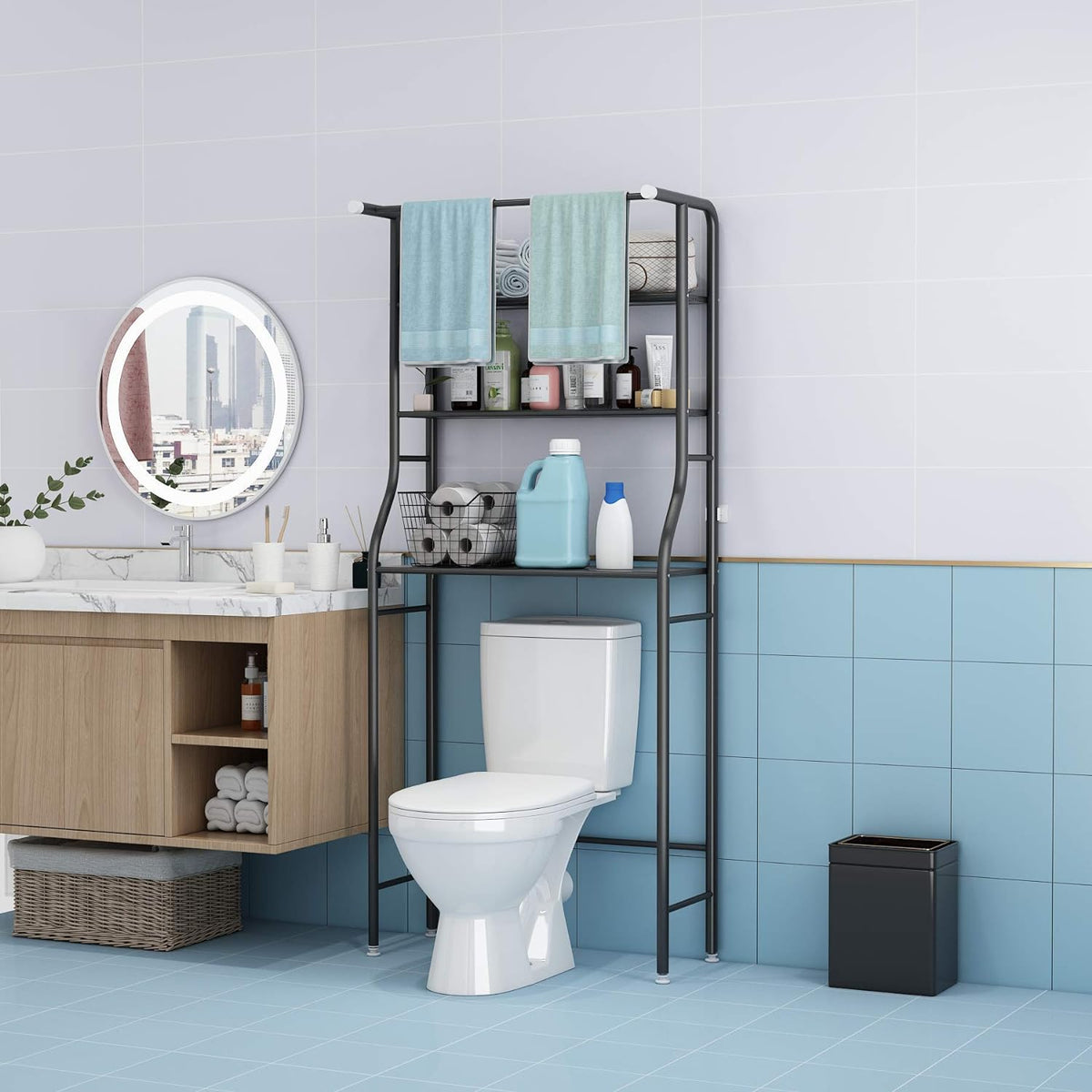 UDEAR 3-Tier Over The Toilet Rack,Bathroom Shelf Space Saver,Corner Stand Storage Organizer Accessories,The Washing Machine,with Hanging Rod,Tower Shelf,Black