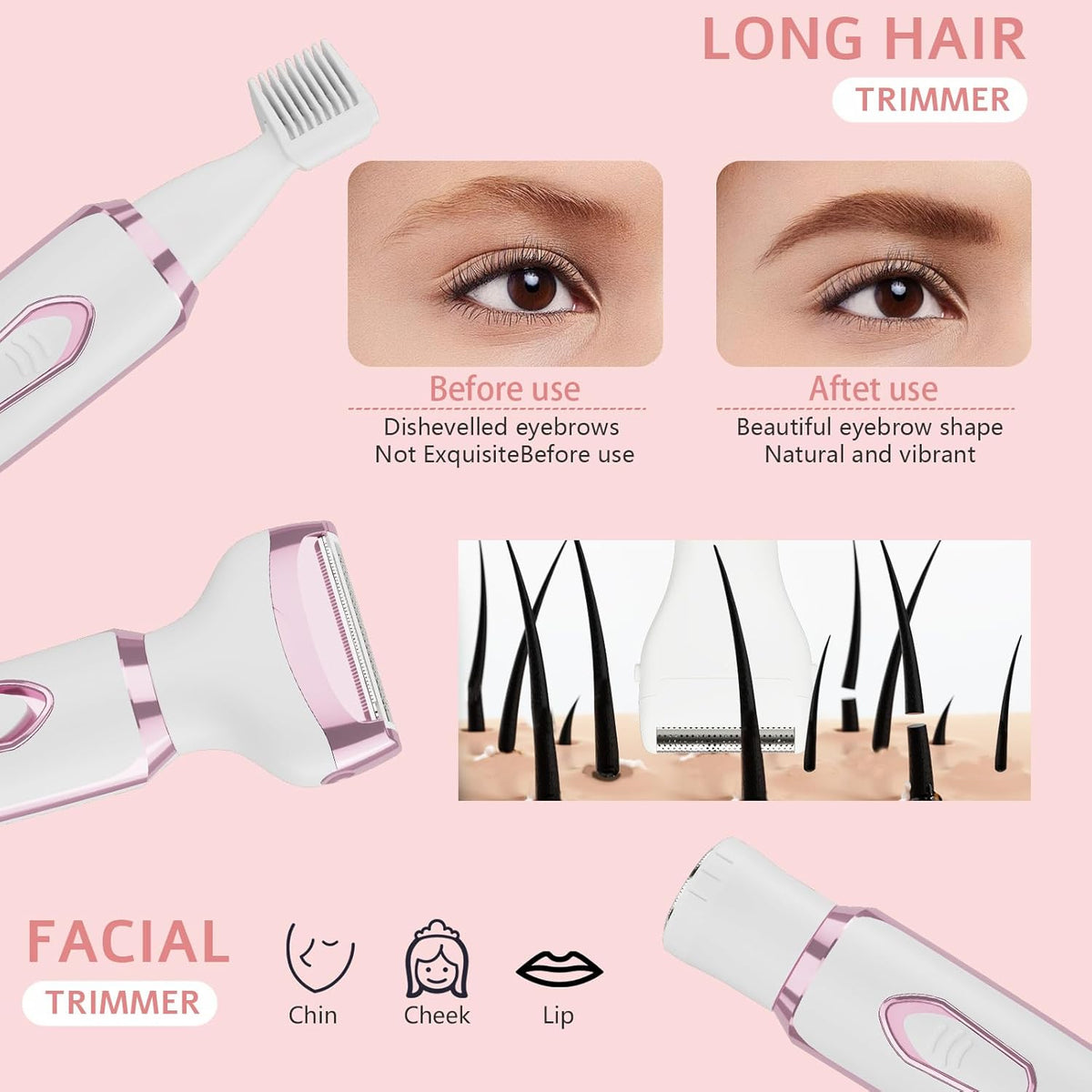 Electric Razors Shaver for Women Painless 4 in1 Women Shaver Cordless Rechargeable Facial Eyebrow Razors & Nose Hair Trimmer Lips Body Bikini Trimmer for Womens Grooming Kit 3028 White